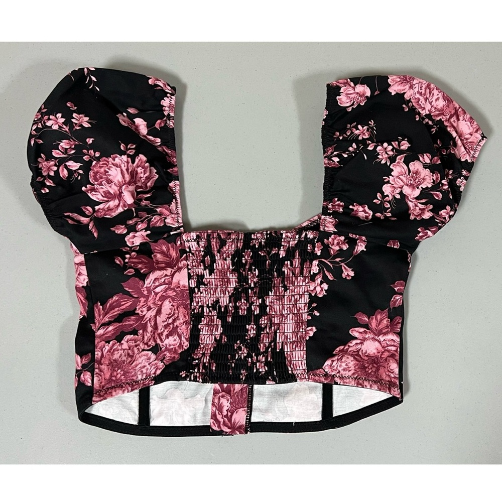 West of Melrose Black Floral Short Sleeve Corset Crop Top Shirt Blouse Size XS🌸✨ - Picture 3 of 4